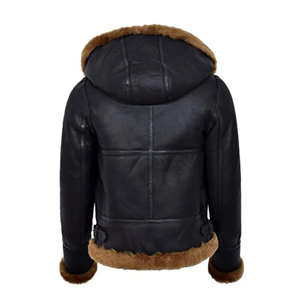 WOMEN'S BLACK HOODED B3 FLYING SHEARILING JACKET