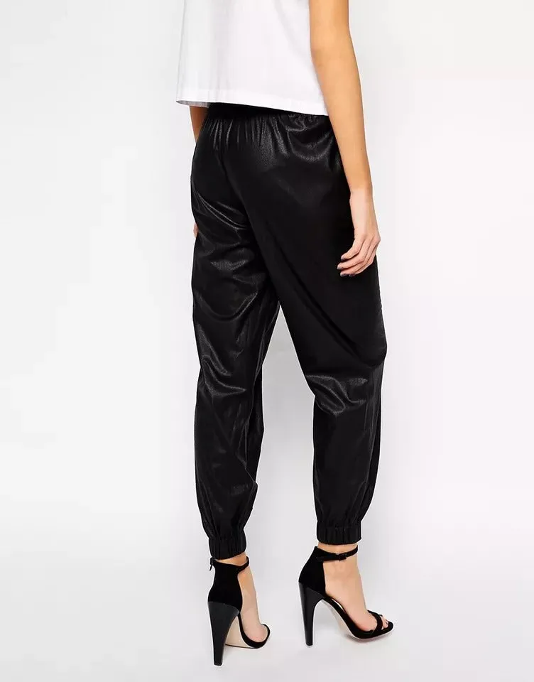 Women's Black Lambskin Leather Joggers with Lace-Up Detail