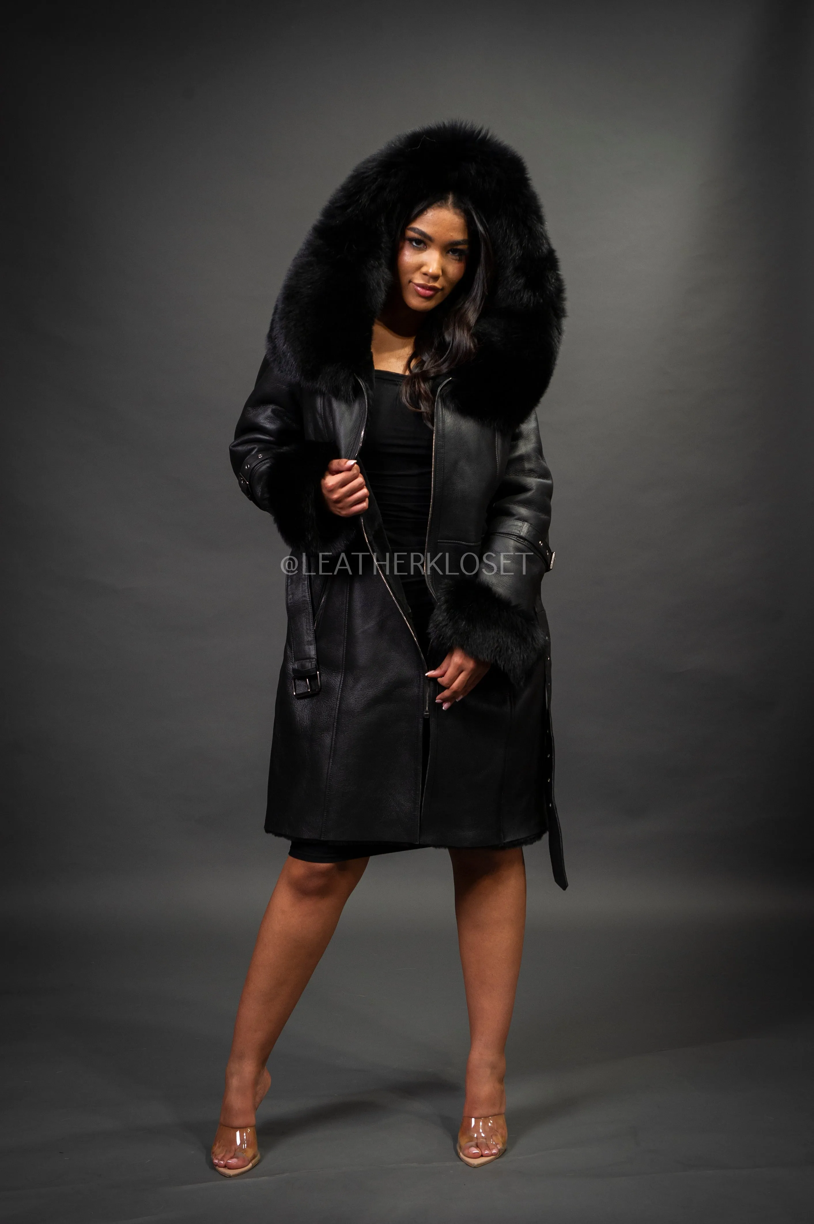 Women's Diana Shearling Sheepskin Jacket With Fox [Black]