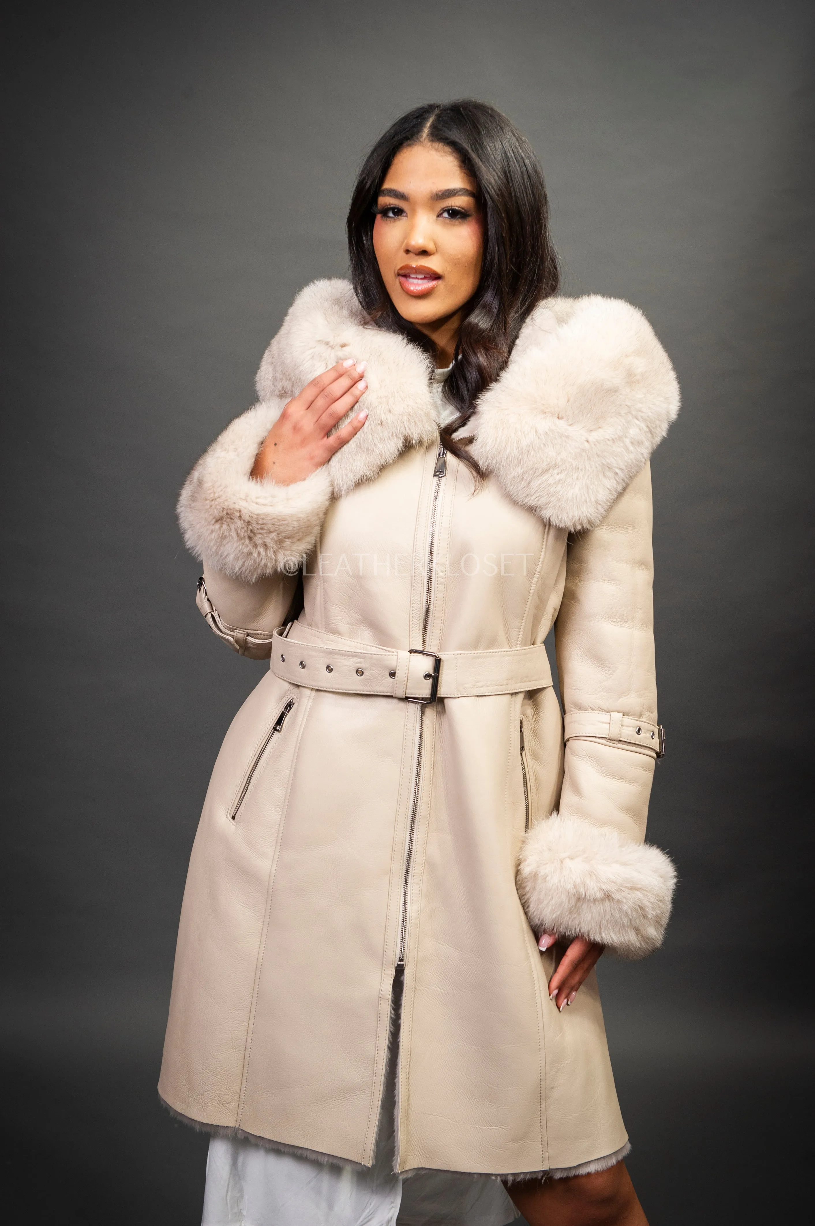 Women's Diana Shearling Sheepskin Jacket With Fox [Cream]