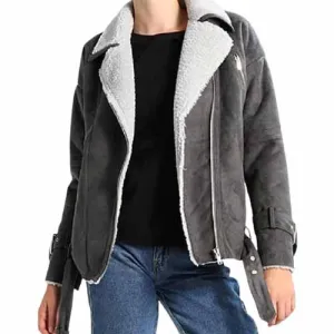 Women's Grey Shearling Motorcycle Jacket