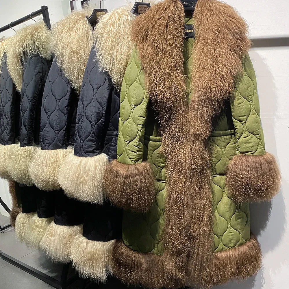 Women's Mongolian Sheep Curly Fur Quilted Coat