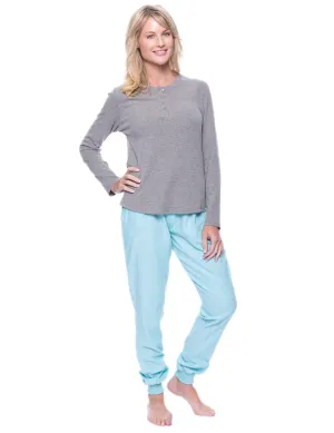 Women's Premium Flannel Jogger Lounge Set - Herringbone Aqua