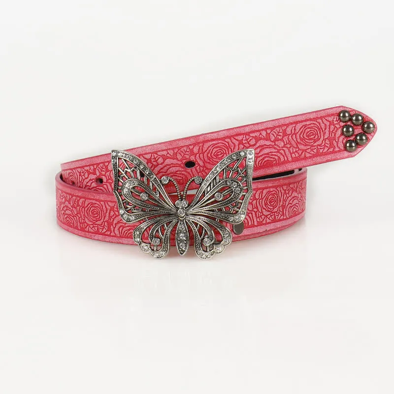 Women's Rose Embossed Rhinestone Butterfly Leather Belt