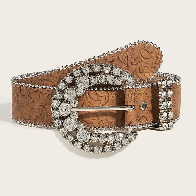 Women's Round Rhinestone Buckle Bead Edge Leather Belt