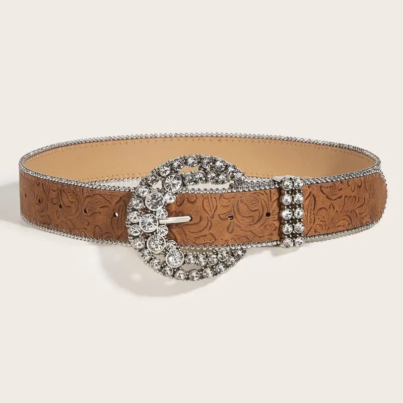 Women's Round Rhinestone Buckle Bead Edge Leather Belt