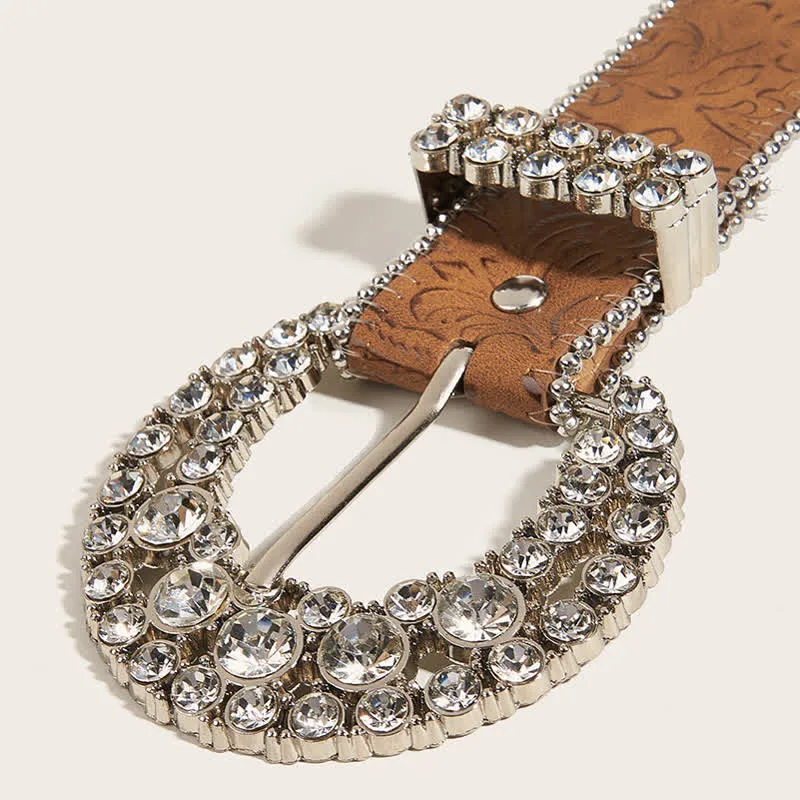 Women's Round Rhinestone Buckle Bead Edge Leather Belt