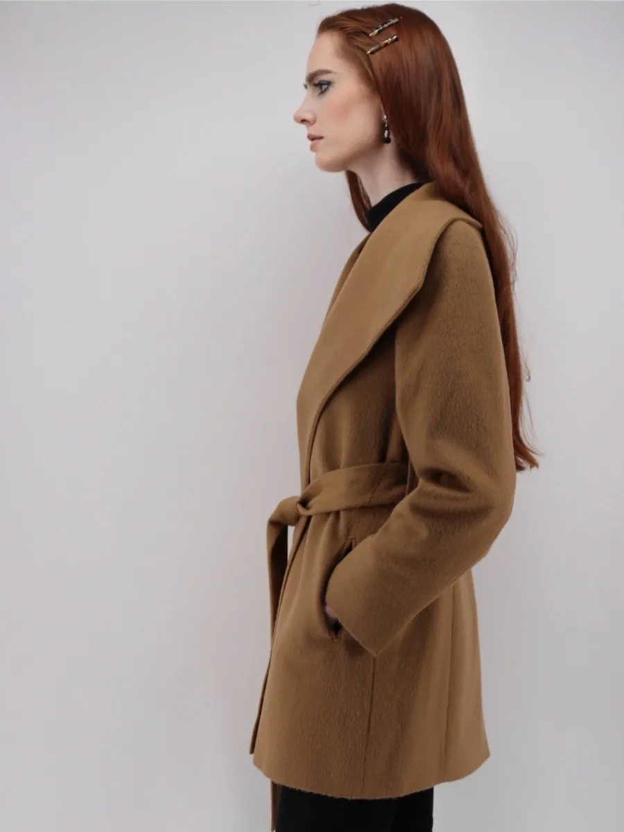 Women's Wide Collar Wrap Coat - Short-Length - Camel