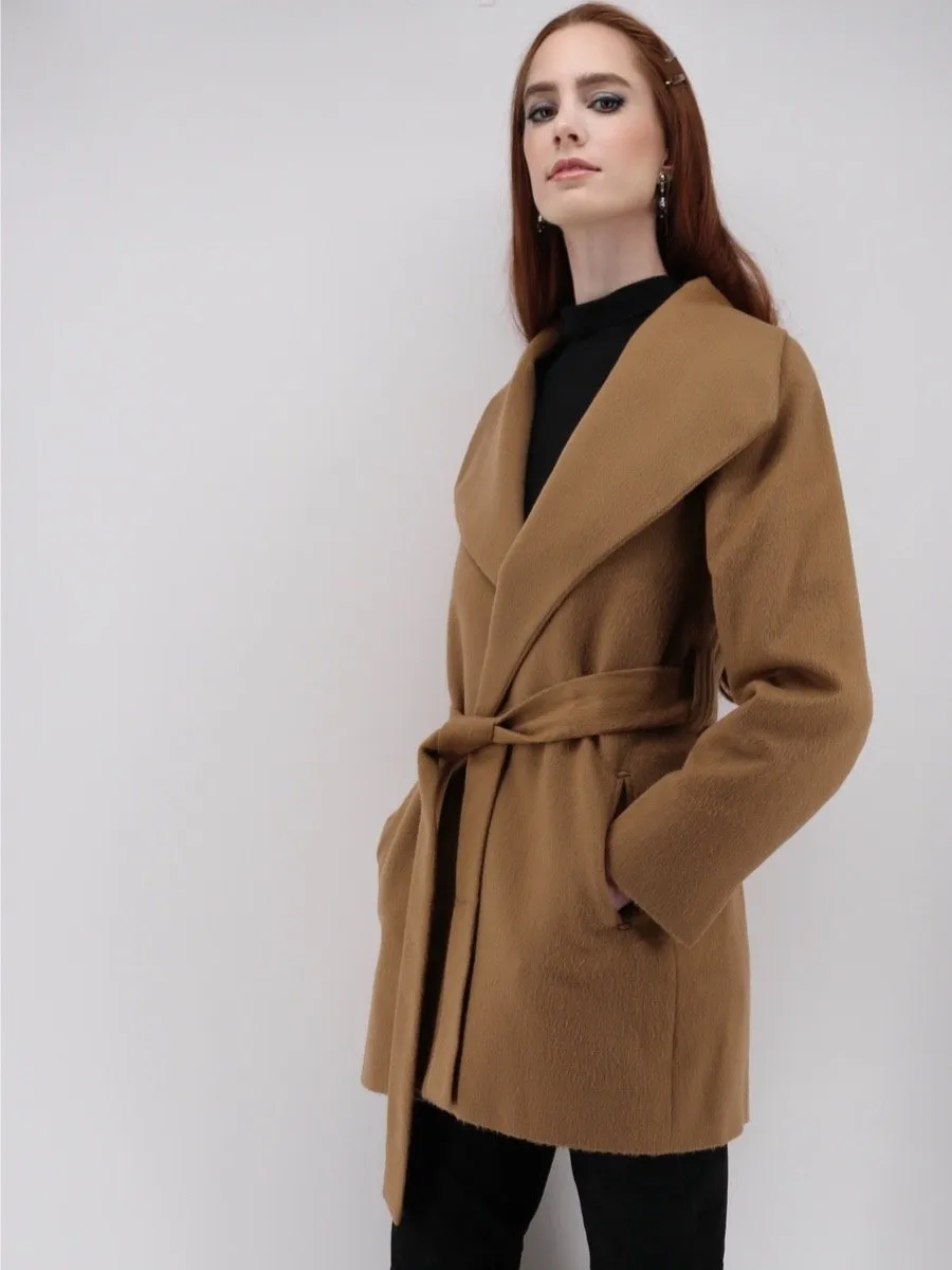 Women's Wide Collar Wrap Coat - Short-Length - Camel