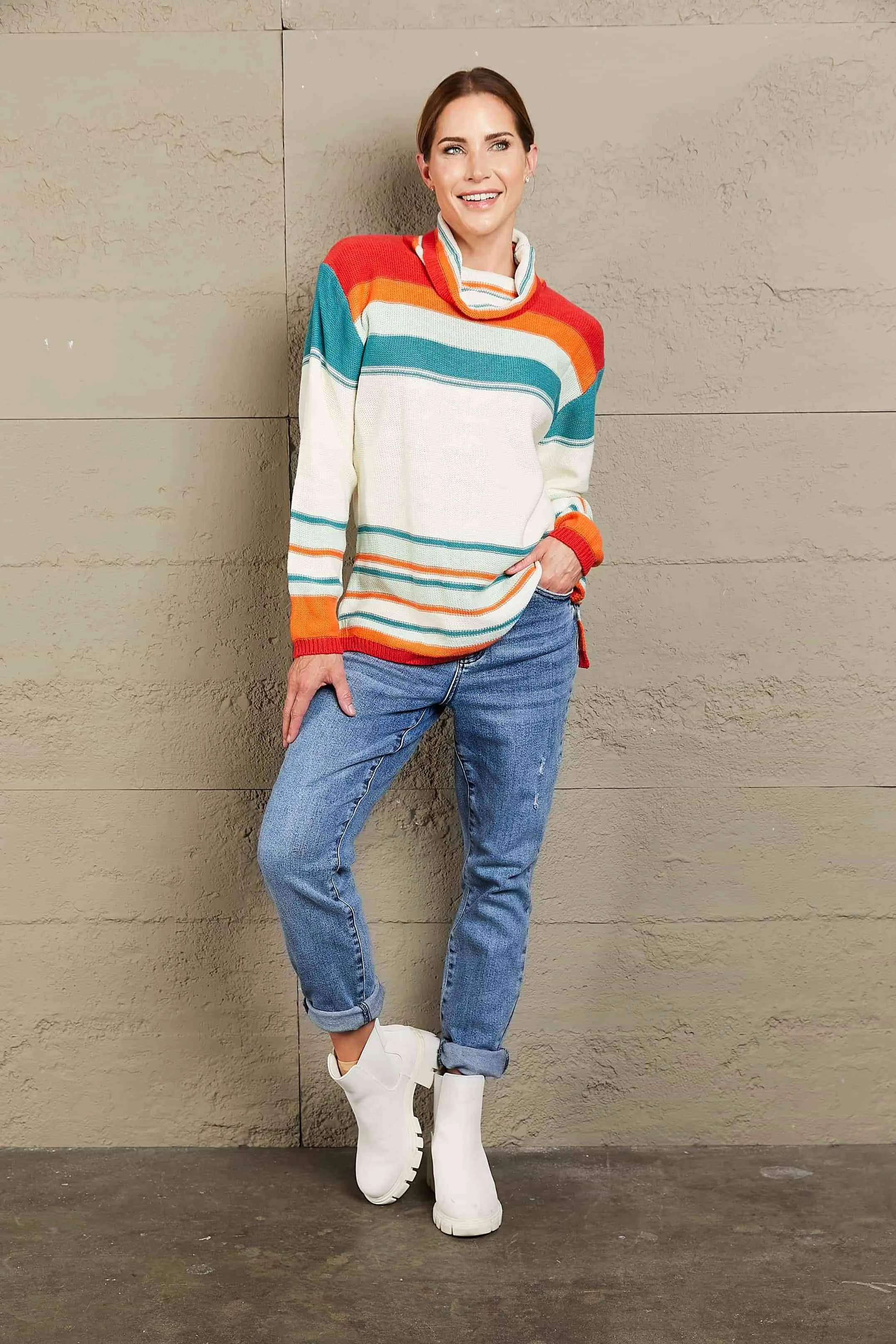 Woven Right Striped Turtleneck Drop Shoulder Sweater