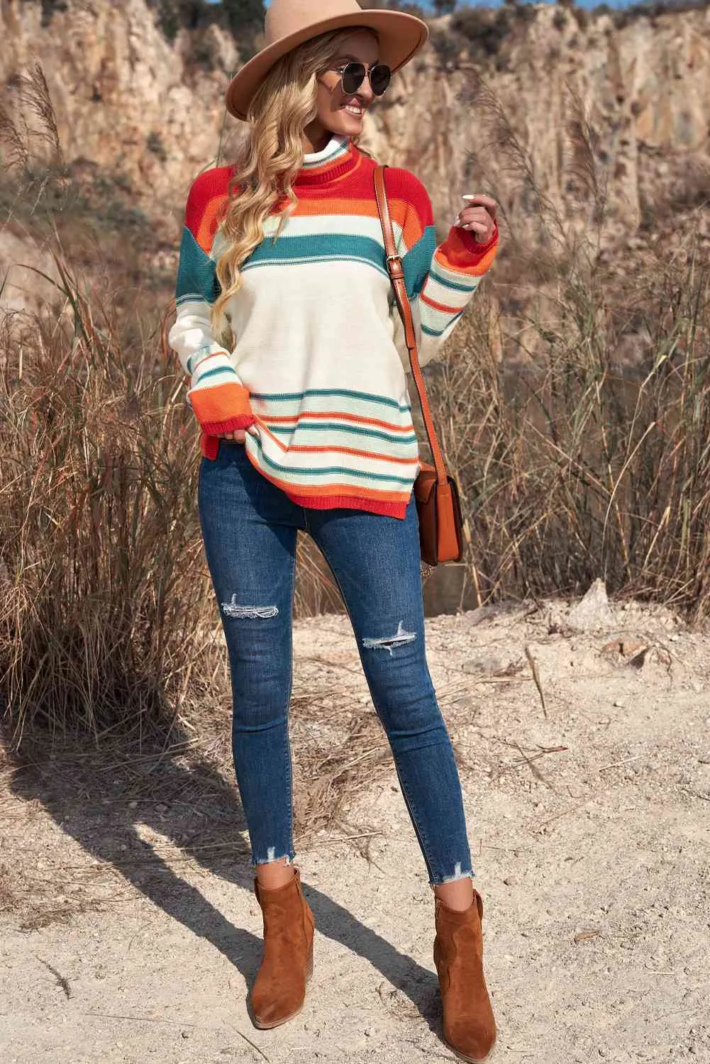 Woven Right Striped Turtleneck Drop Shoulder Sweater