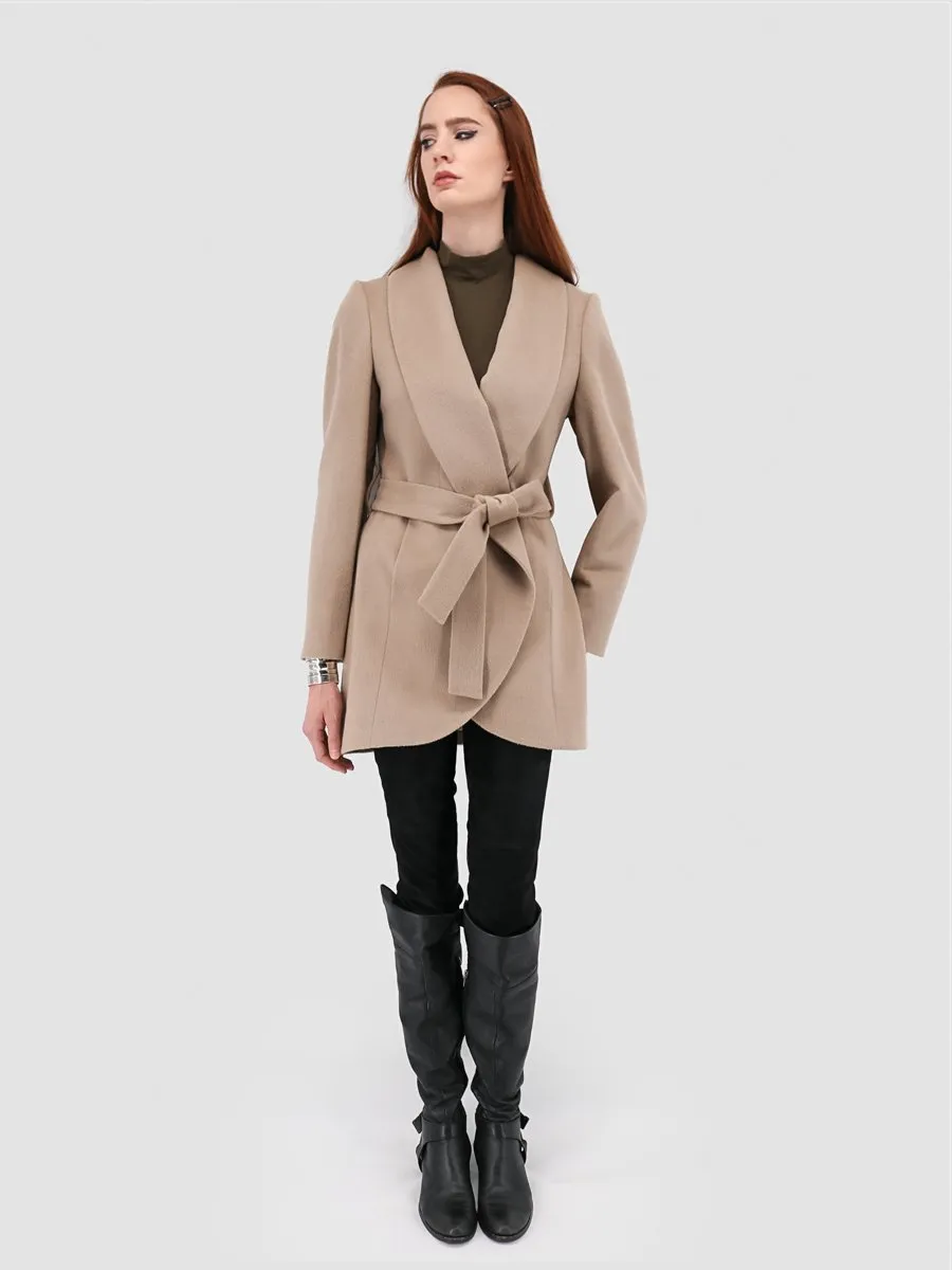 Wrap Coat with Shawl Collar in Alpaca Wool Blend - Beige