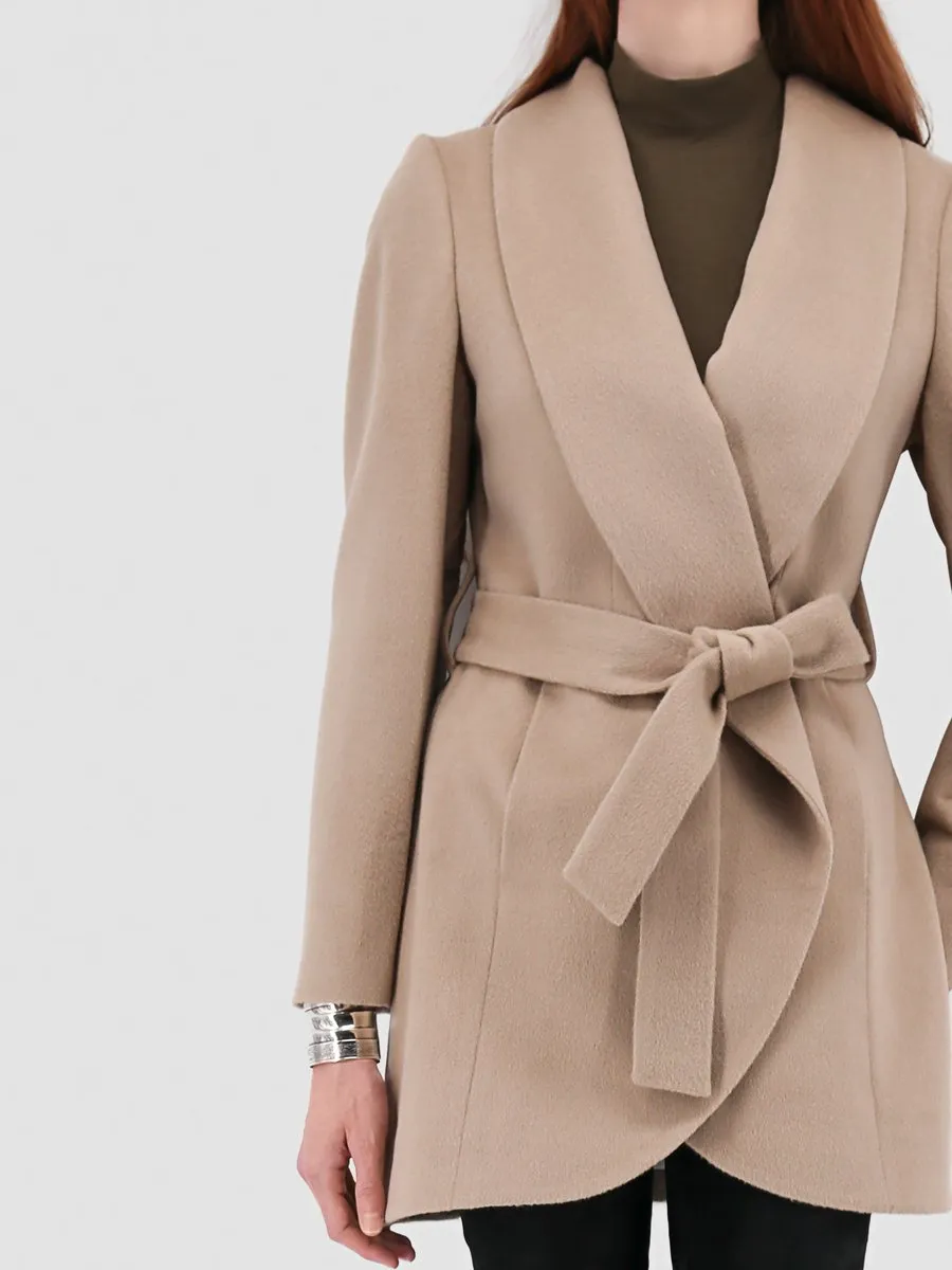 Wrap Coat with Shawl Collar in Alpaca Wool Blend - Beige