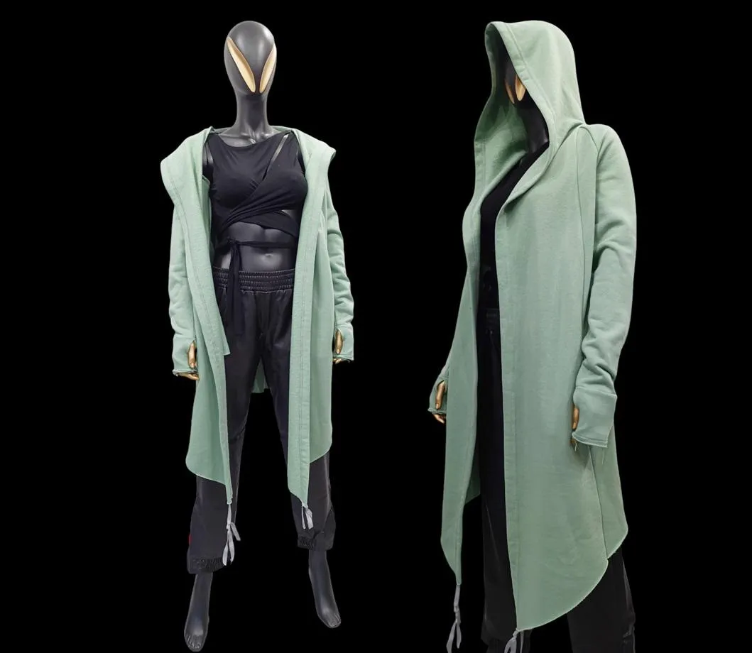 XS-8XL Relaxed Loose Long Cardigan with Hood,Side Pockets Windbreaker Cloak,Cyberpunk Cape Coat, Halloween Festival Futuristic Cloth- BB029