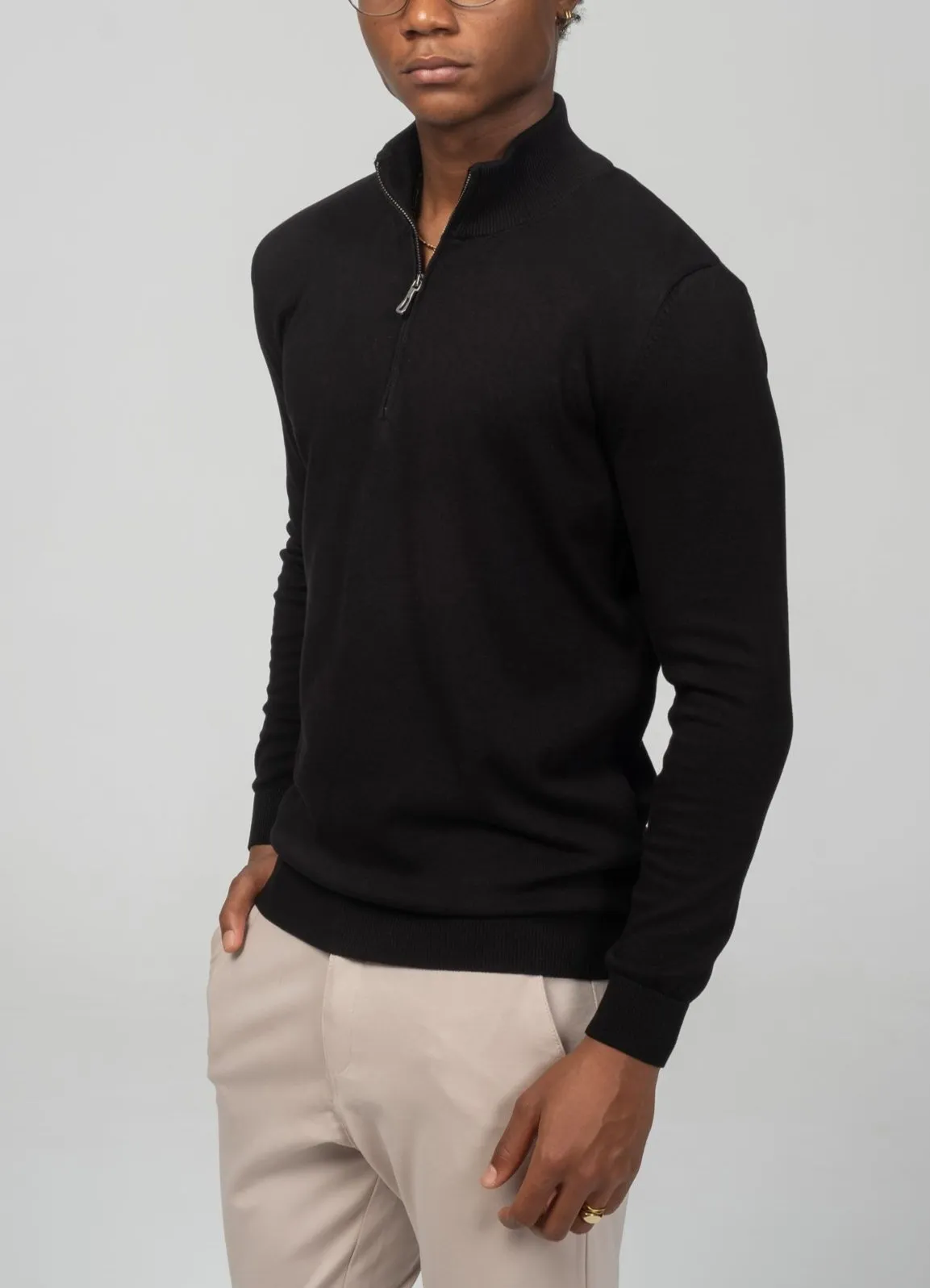 Zipper Closure Mock Neck Sweater - Black