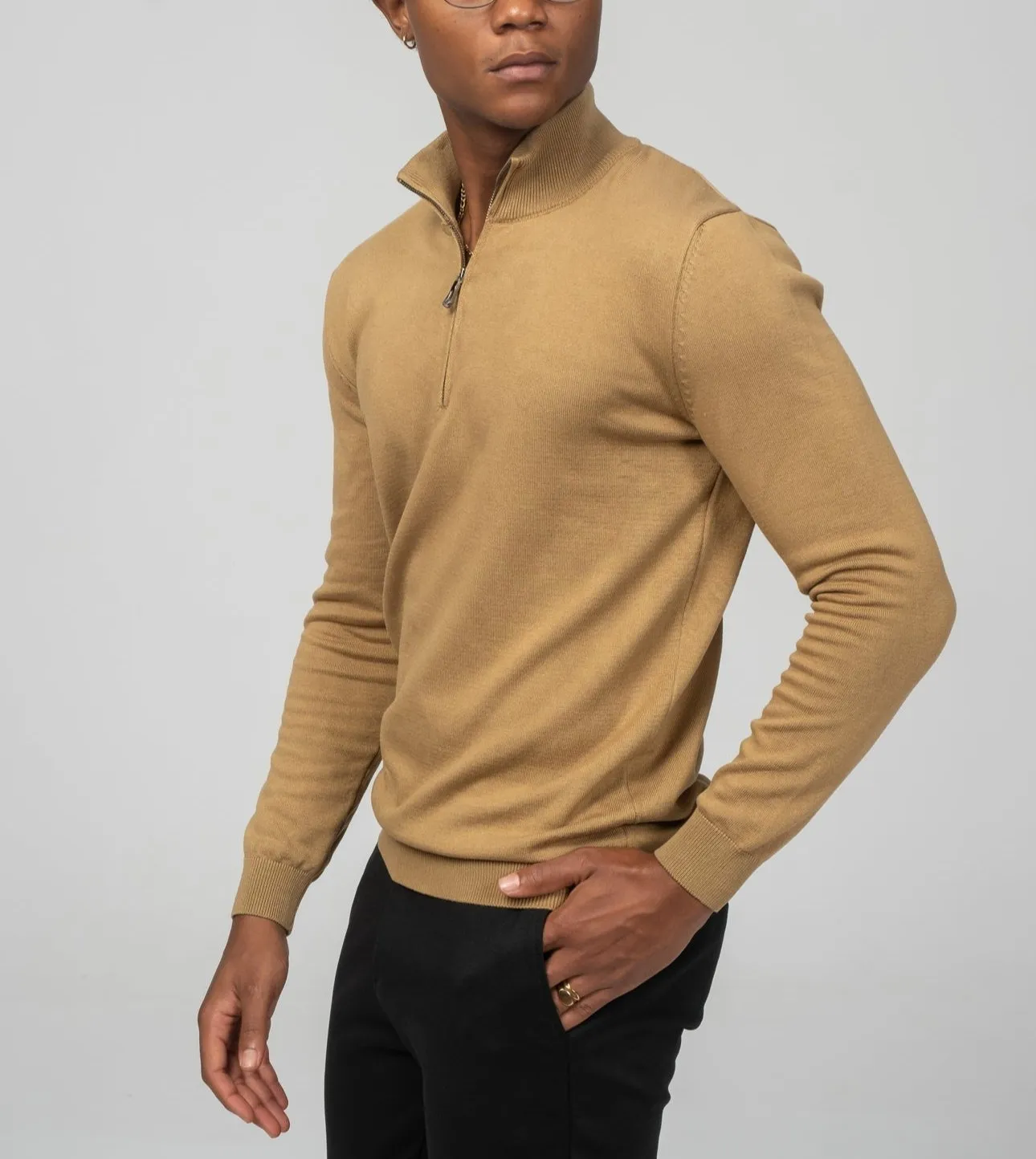 Zipper Closure Mock Neck Sweater - Mustard