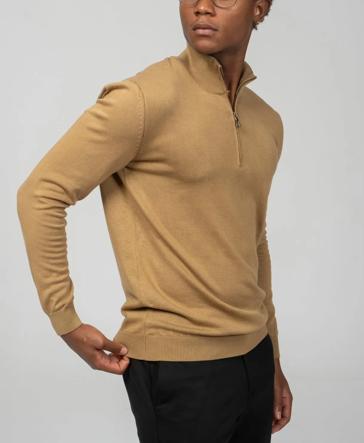 Zipper Closure Mock Neck Sweater - Mustard