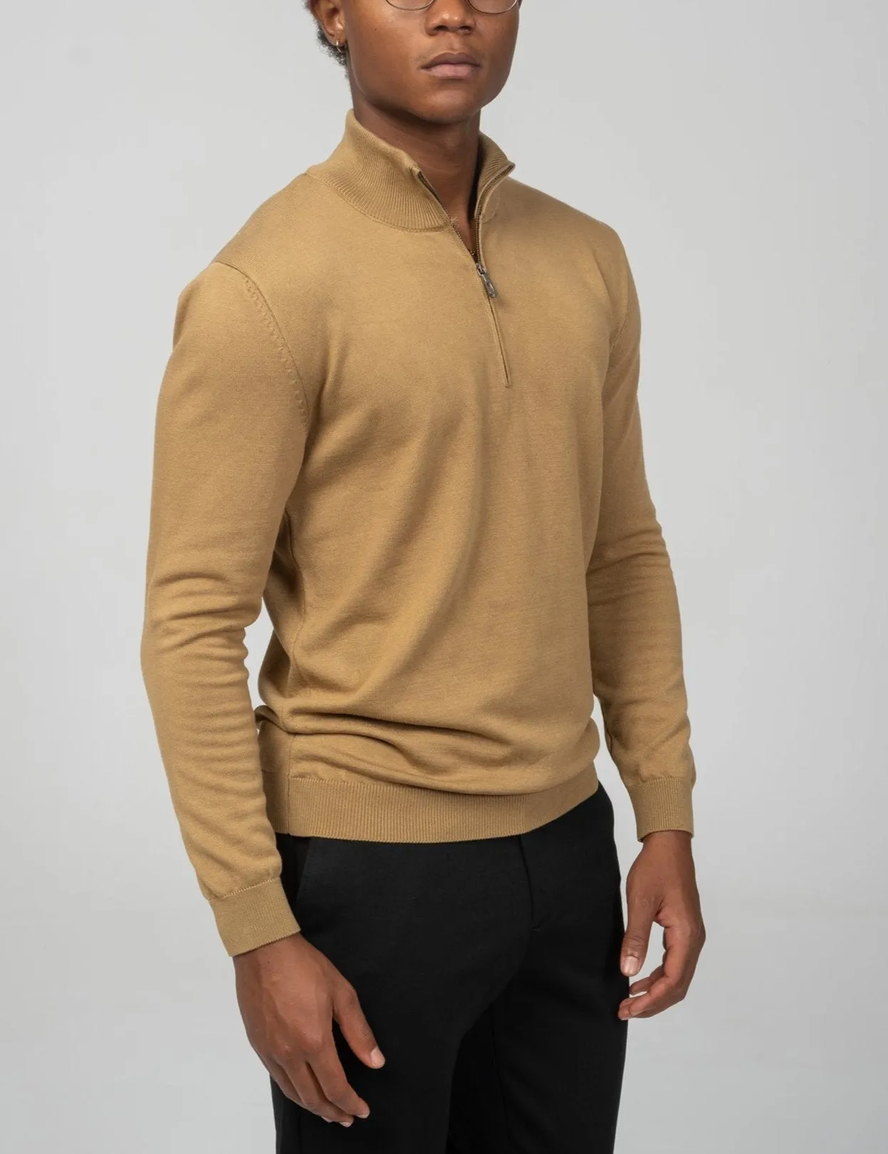 Zipper Closure Mock Neck Sweater - Mustard