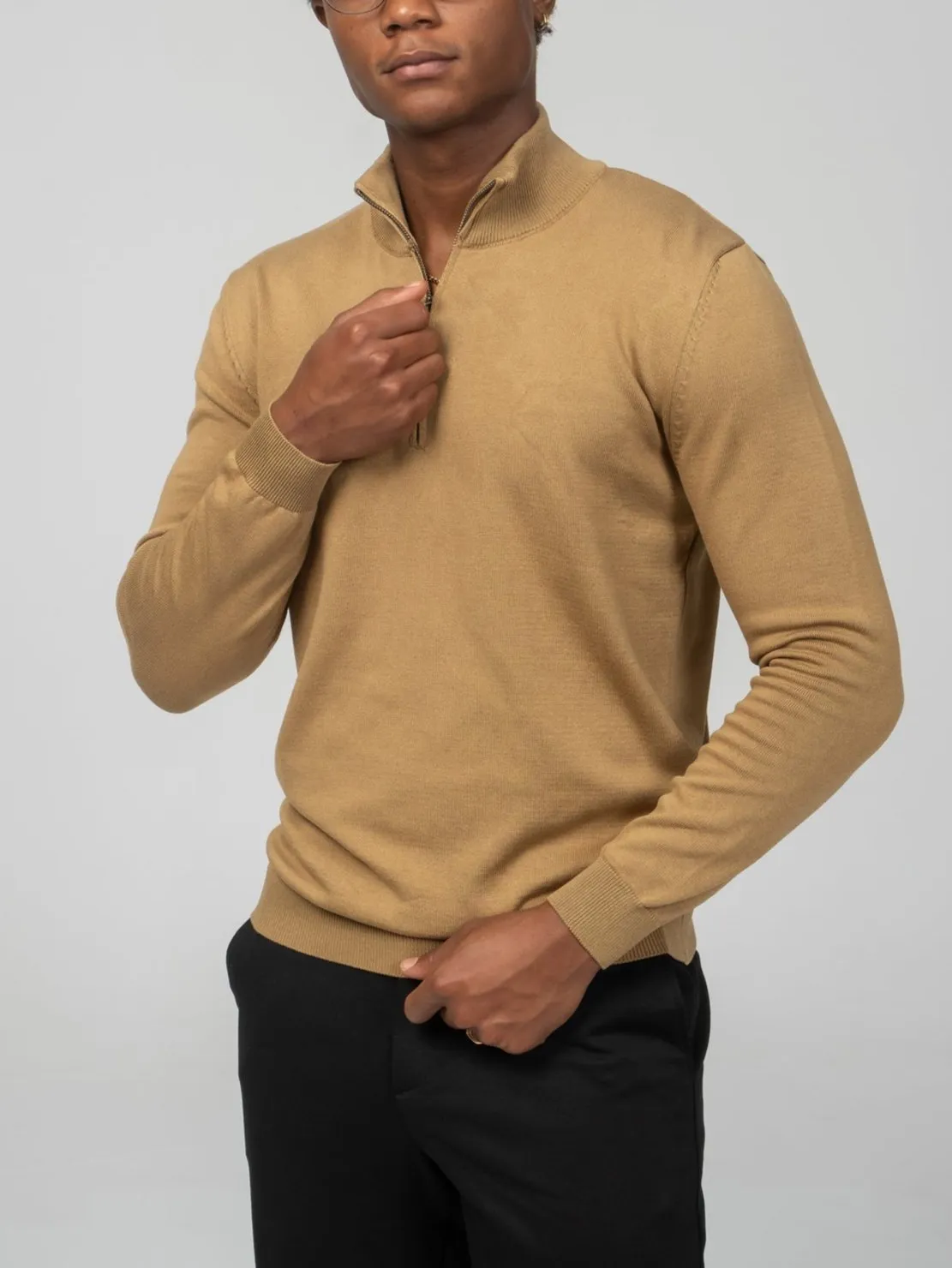 Zipper Closure Mock Neck Sweater - Mustard